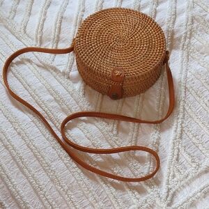 Round Tan Woven Crossbody Bag